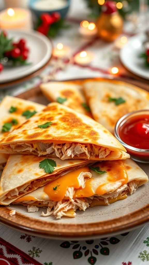 Golden-brown Christmas quesadillas filled with cheese and turkey, served with sour cream and salsa on a festive table.